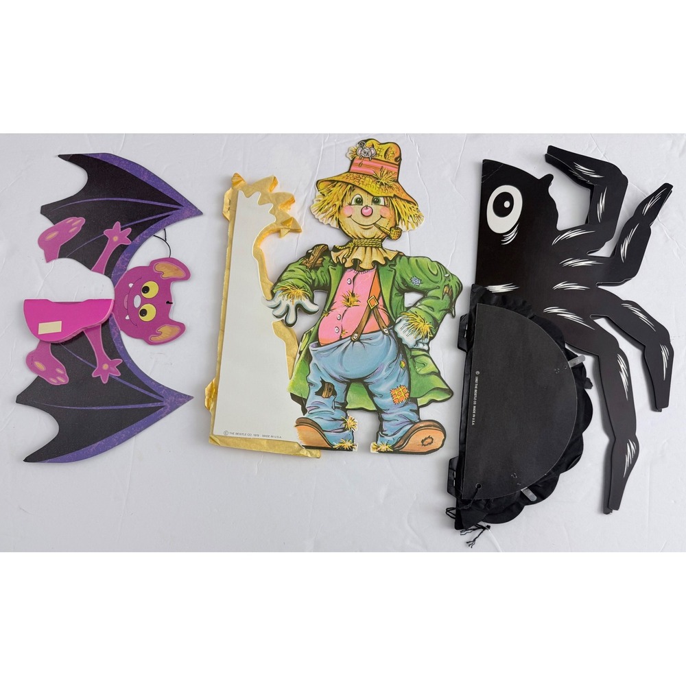 Vintage Beistle Halloween Decorations‎ 1979 Scarecrow Spider Bat Honeycomb Set